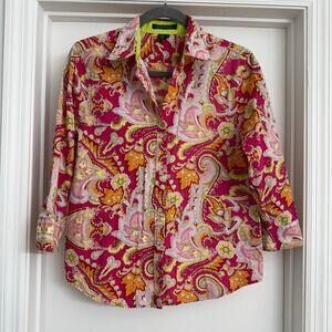 Lauren Ralph Lauren Paisley Cotton Button Up Neon Pink Green Funky Retro Sz M